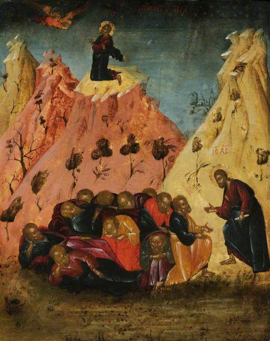 Agony in the Garden -- Christ praying in Gethsemane as an angel presents the cup