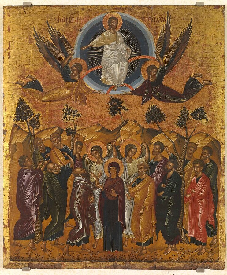 The Ascension -- Christ ascends to heaven as the apostles look on