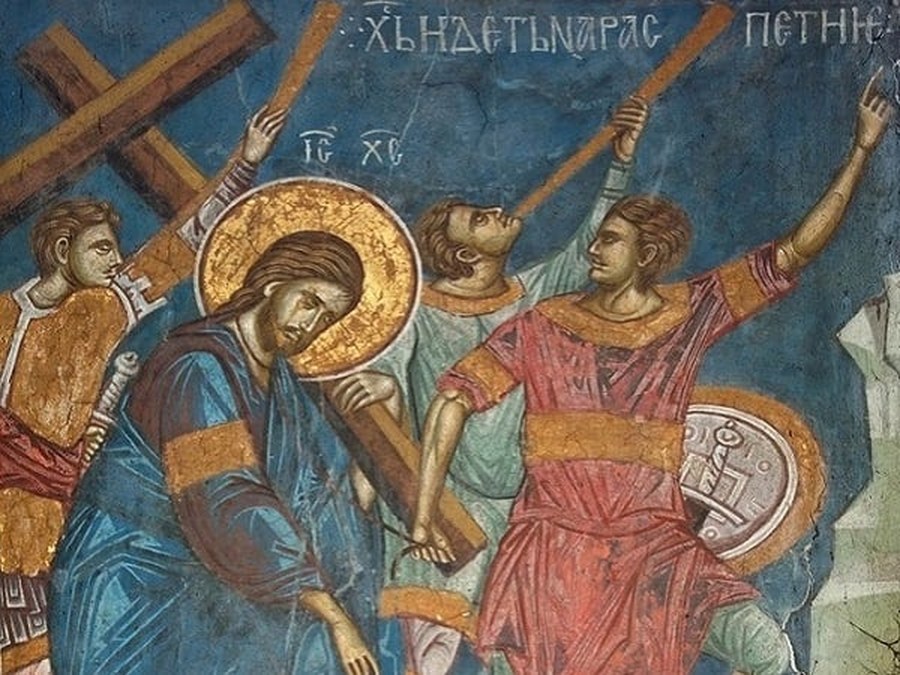 Carrying the Cross -- Christ bearing the wood of execution on the road to Golgotha