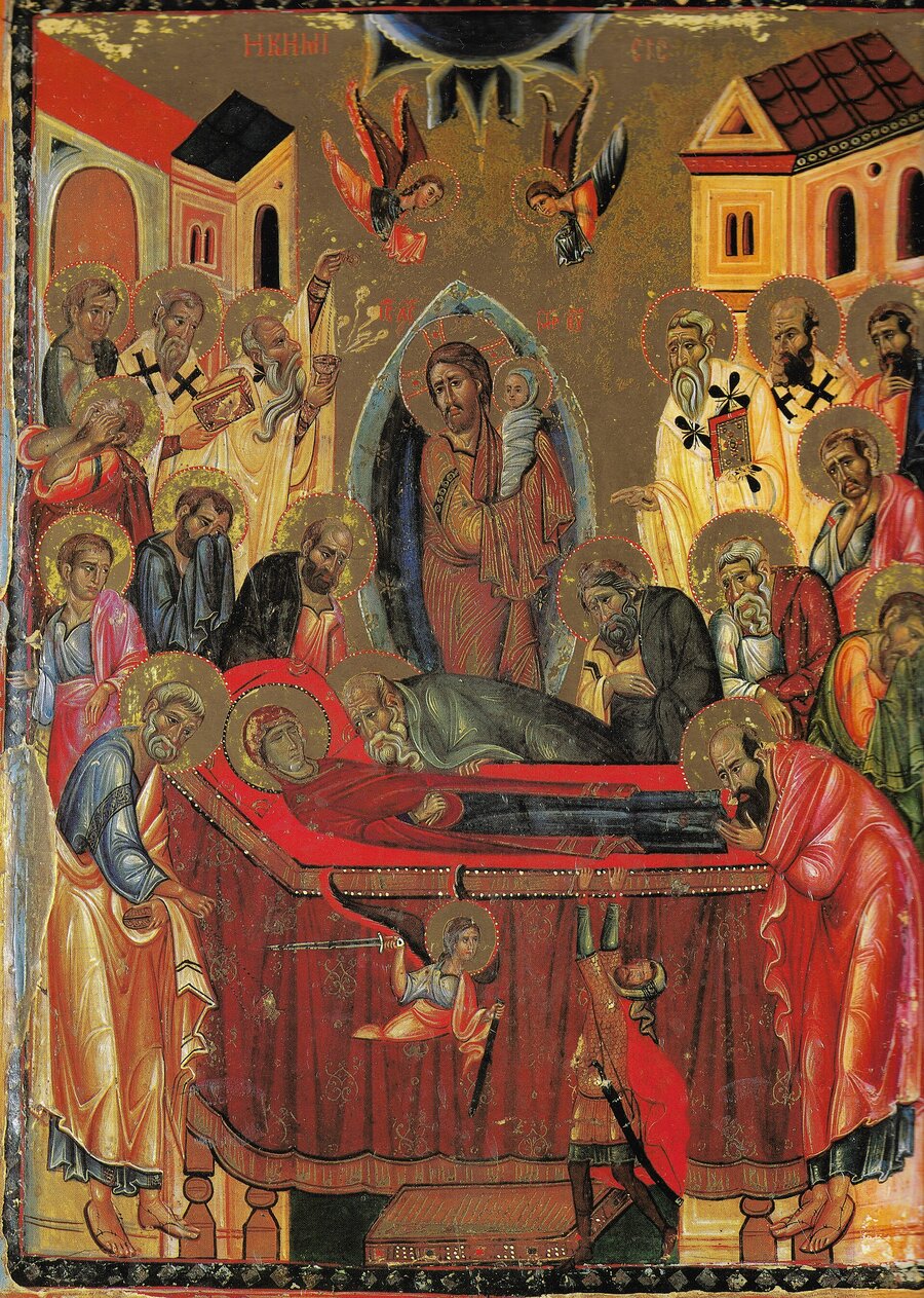 The Dormition -- the Theotokos on her deathbed surrounded by the apostles