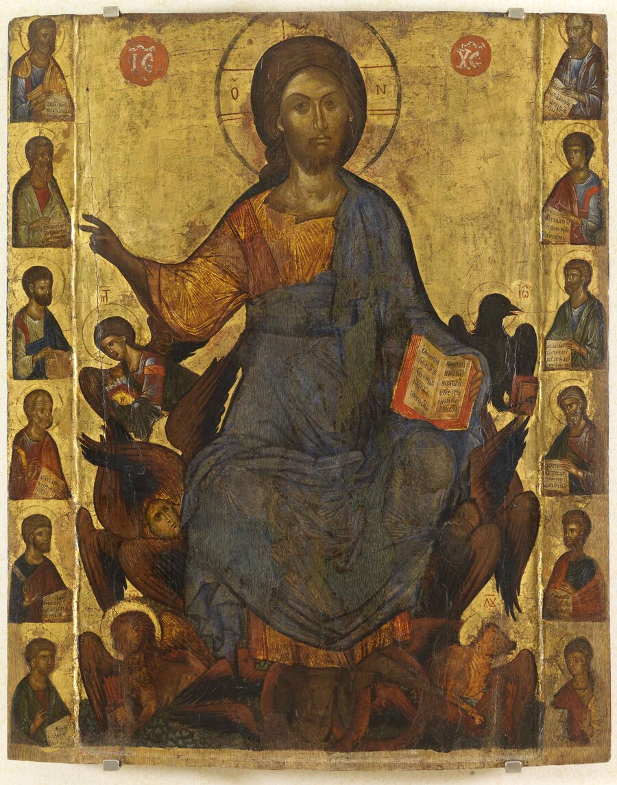 Christ in glory proclaiming the Kingdom -- enthroned with the twelve apostles