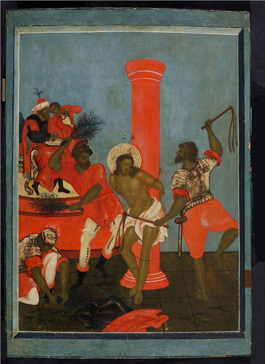 The Scourging at the Pillar -- Christ bound to the pillar, scourged by Roman soldiers