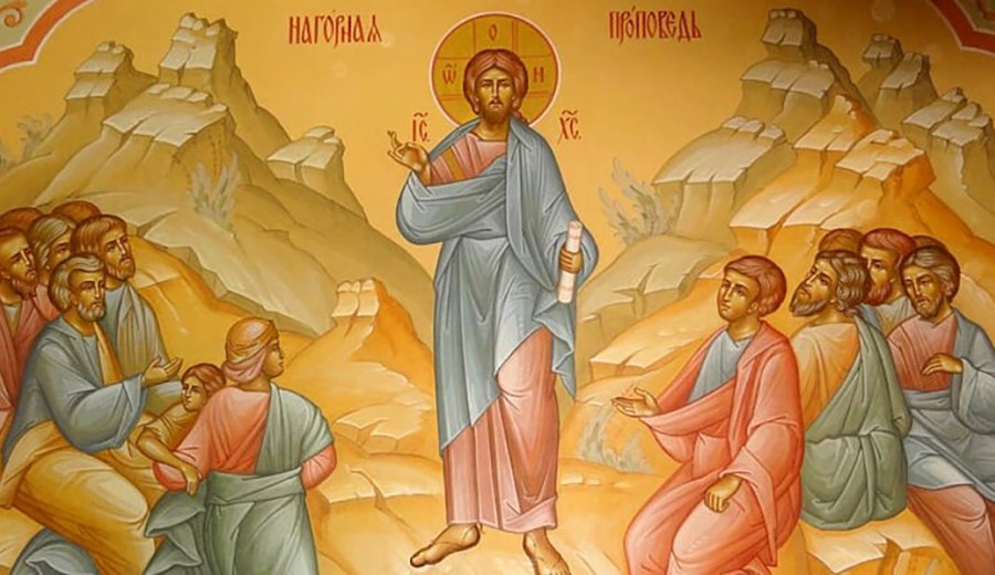 The Sermon on the Mount -- Christ teaching the Beatitudes from the mountain