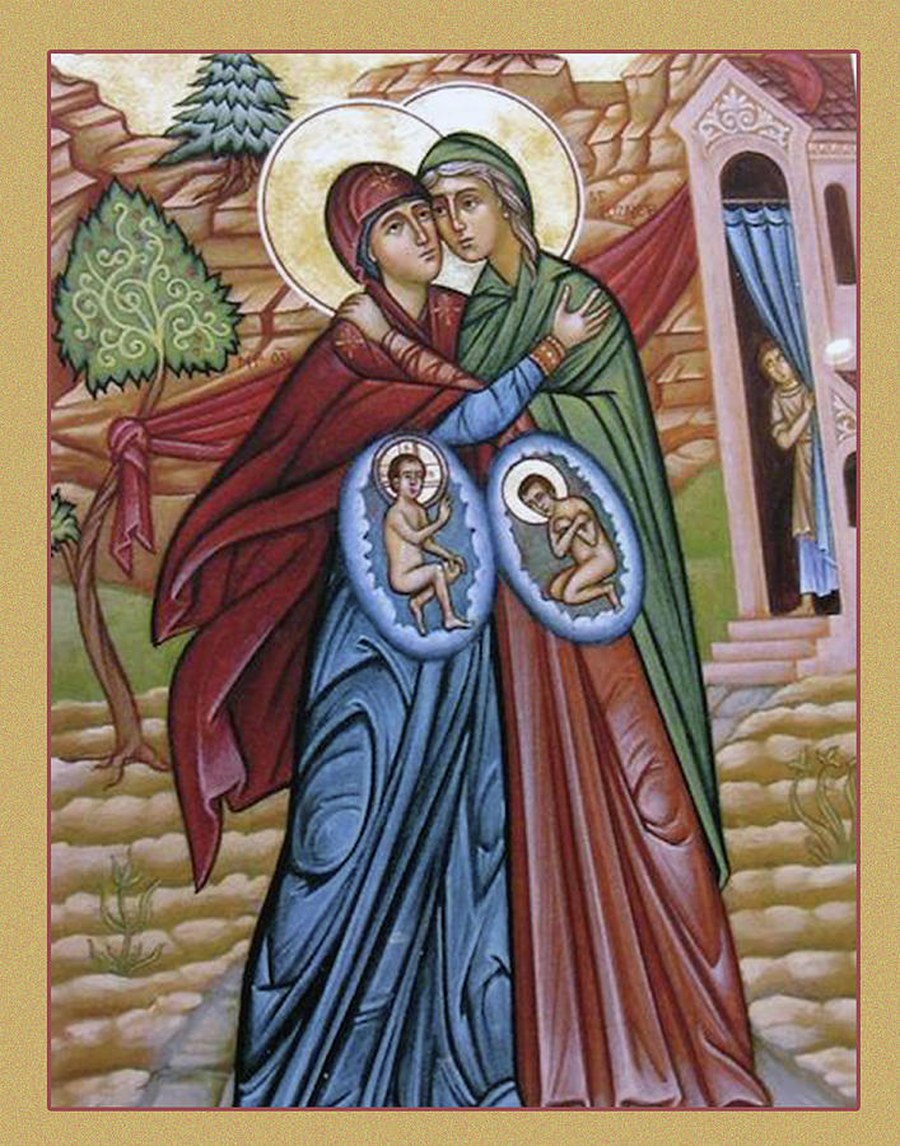 The Visitation -- Mary and Elizabeth embrace, Christ and John in the womb
