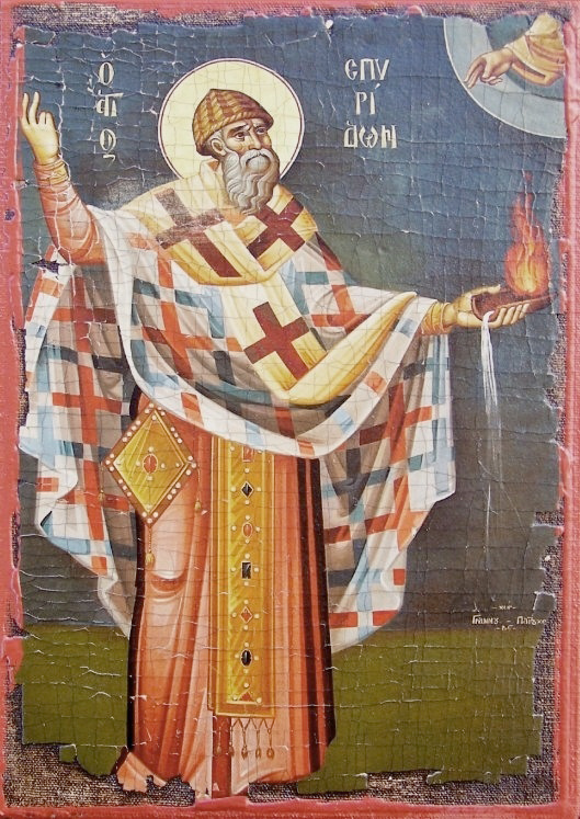 Icon of St. Spyridon holding the brick miracle